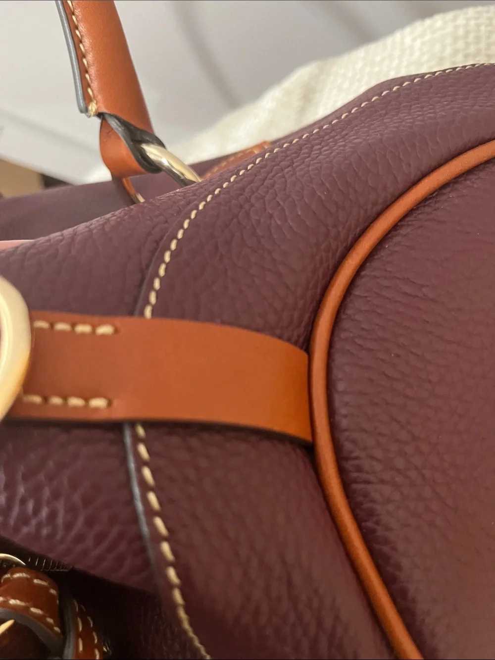 Dooney & Bourke  large Burgundy Pebble Leather Satchel with Tan Trim